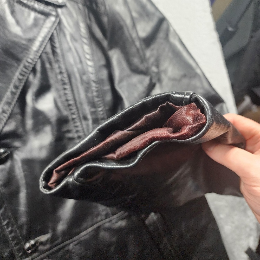 VINTAGE Reed Sportswear Coat Mens XL Black Leather Overcoat Pockets Midlength - Picture 8 of 15